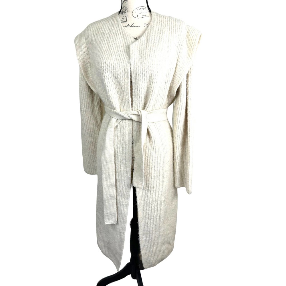 Express Long Beige Sweater Duster Size Medium Belted Stretch Knit Long Sleeve